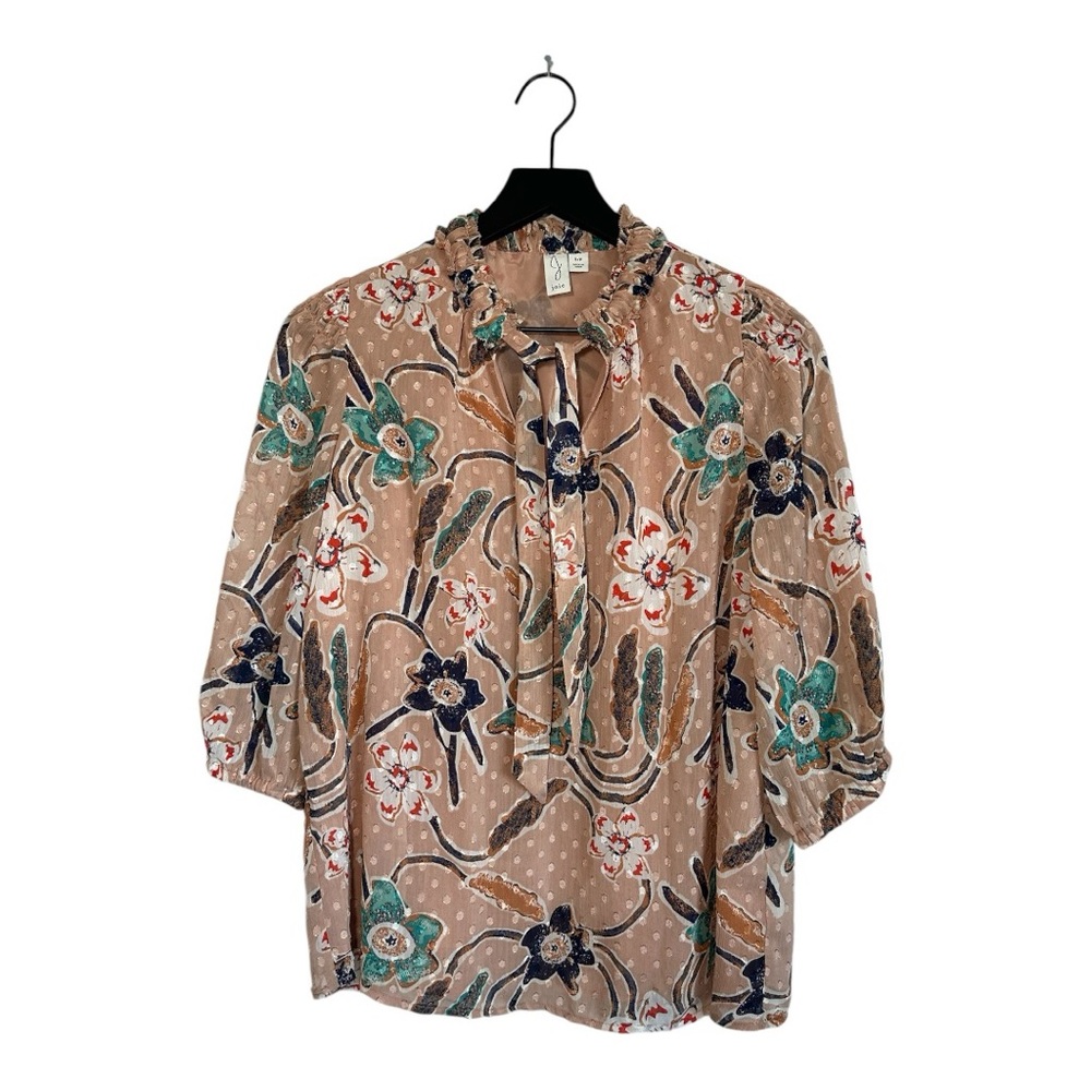 JOIE Floral Tan Tie Neck Blouse